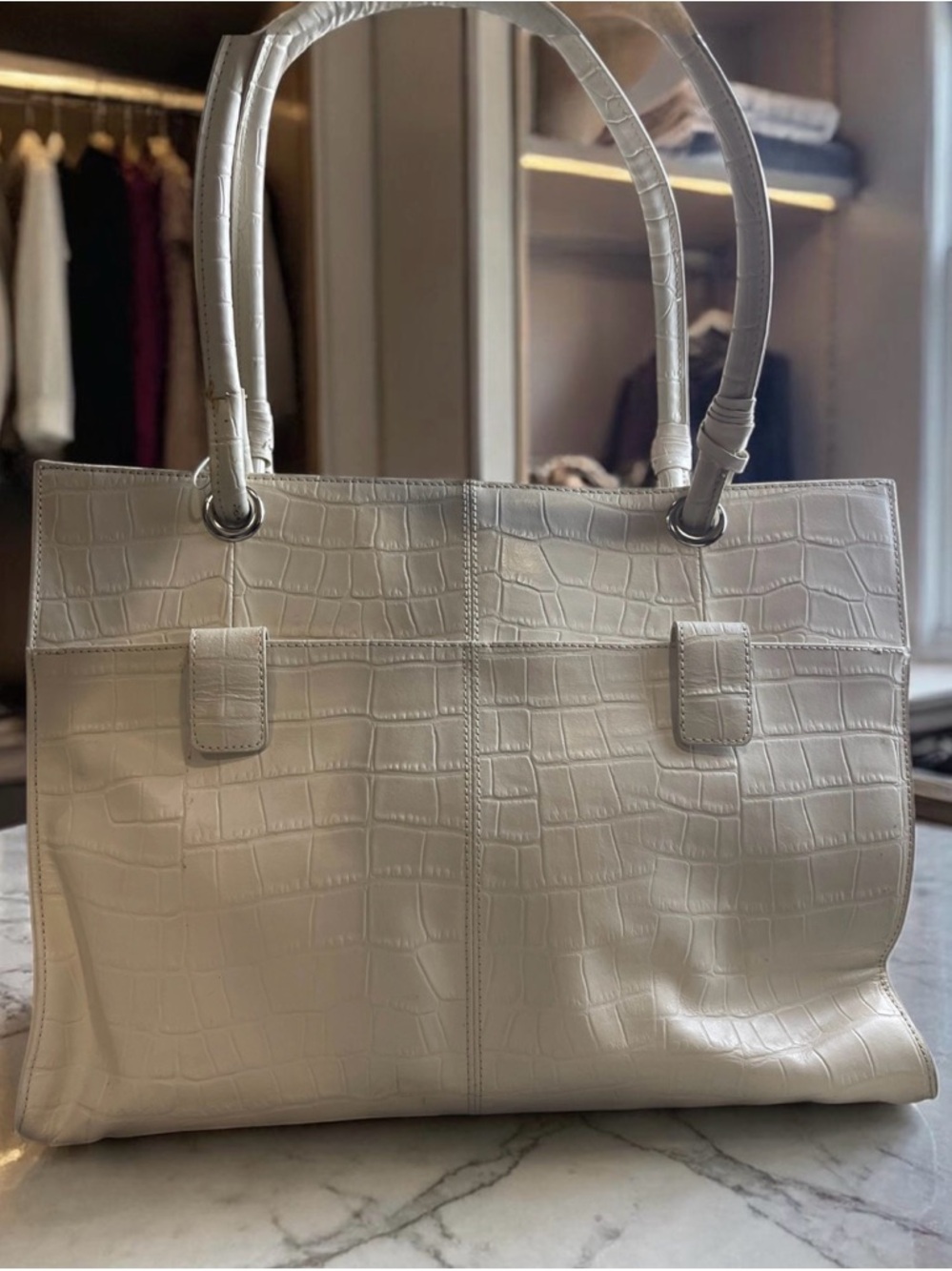 Black Rivet White Crocodile Embossed Leather Tote Shoulder Bag